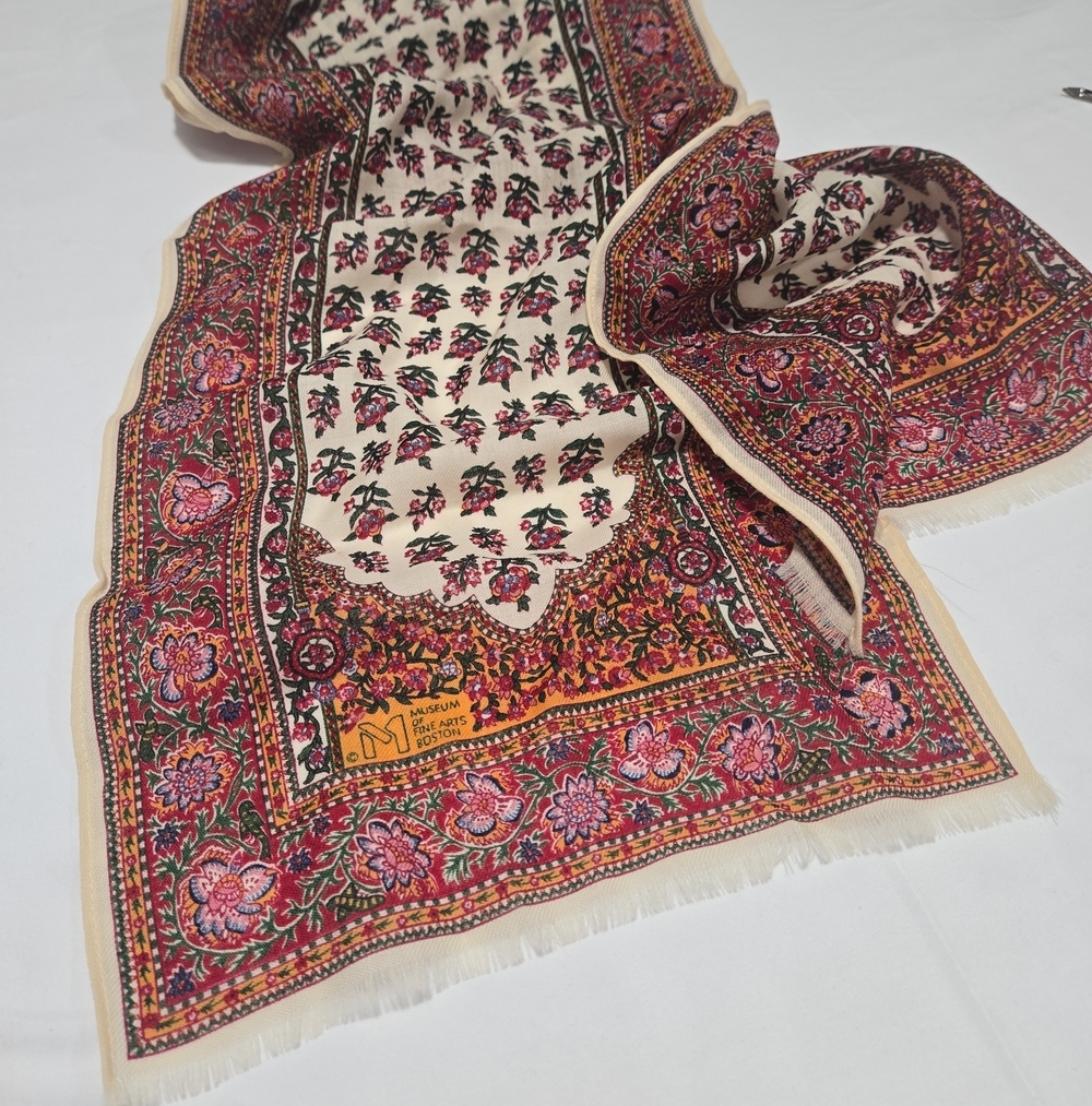 VTG 70s Museum Of Fine Arts Boston Floral Fringe Wool Japan Collectors Scarf